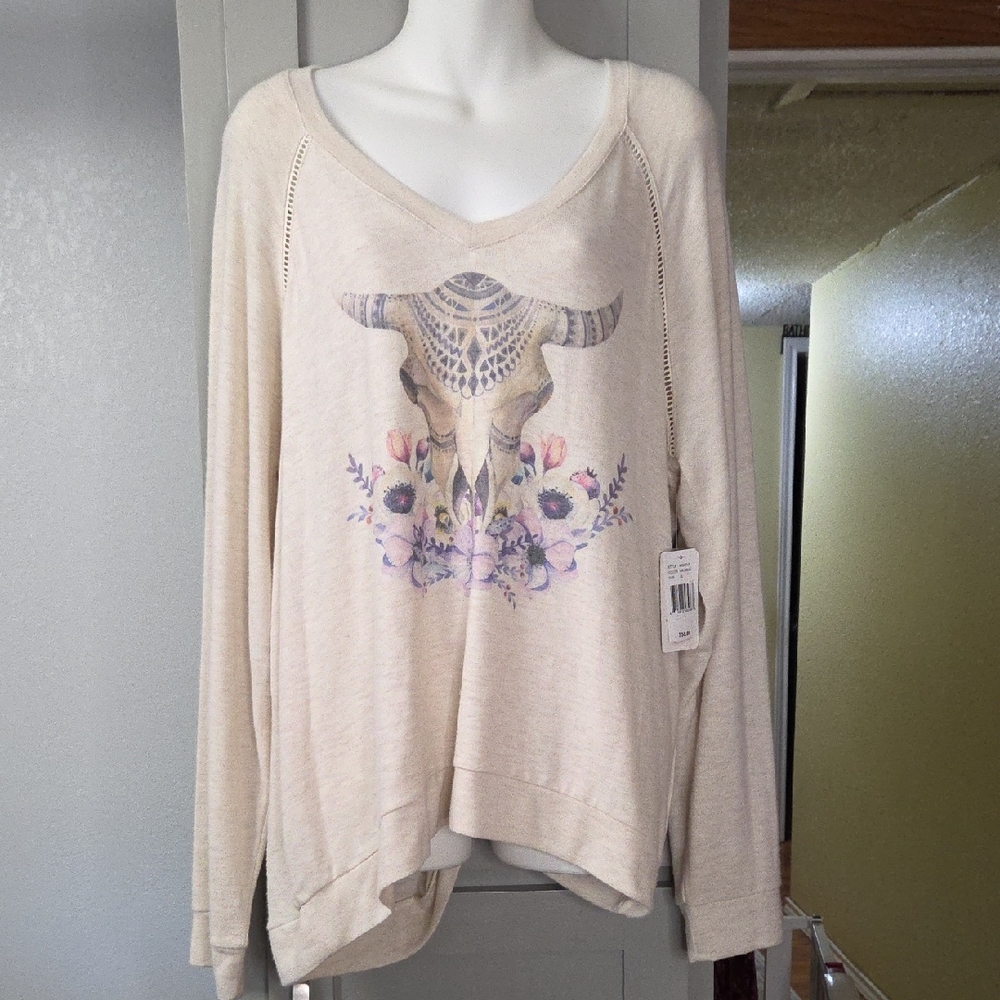 P.J. Salvage Cream Sweater with Bull Skull Motif